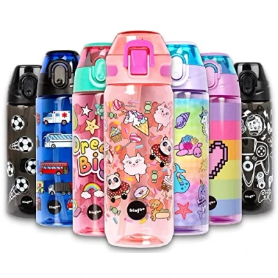 Afbeelding van Dieren Fringoo roze kinderwaterfles met rietje 100% lekvrij BPA vrij 600ml Sportfles voor kinderen