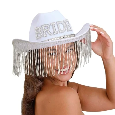 Afbeelding van Ginger Ray Witte cowboyhoed versierd met valse parels &quot;Bride&quot; kwastje rand voor vrijgezellenfeest