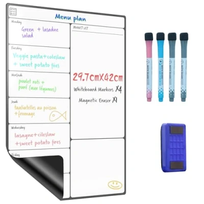 Afbeelding van Calendrier Magnetique Frigo A3 Tableau Blanc Effaçable Hebdomadaire, Planning Semaine, To Do List, Organisation Familiale, Listes de Courses, avec 4 Stylos Marqueurs et Effaceur SURFOU