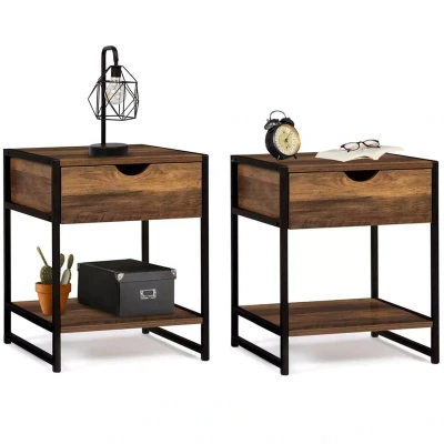 Afbeelding van Lot de 2 tables chevet HAWKINS bois foncé design industriel
