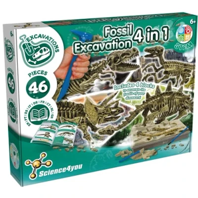 Afbeelding van Science4you 4 in 1 fossiele opgravingsset voor kinderen 5 6 7 8 9 10 jaar Opgraven en monteren van dinosaurussen: T Rex, Triceratops, Velociraptor Stegosaurus Ideaal speelgoed meisjes