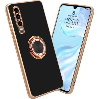 Afbeelding van Cadorabo Hoesje geschikt voor Huawei P30 in Glossy Zwart Goud met ring Beschermhoes van flexibel TPU silicone Case Cover camerabescherming en magnetische autohouder