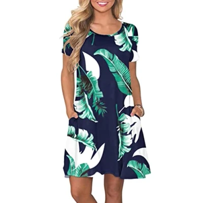 Afbeelding van AUSELILY Zomerjurk met korte mouwen en zakken voor dames, Blauwe print
