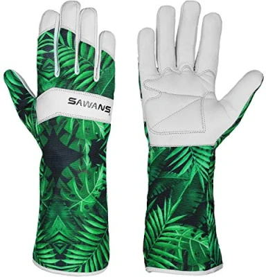 Afbeelding van Leren tuinhandschoenen voor dames, heren, onderarmbescherming, doornbescherming, ademend, geitenleer, snoeien van rozen, ideaal cadeau de tuin, maat XL, lang