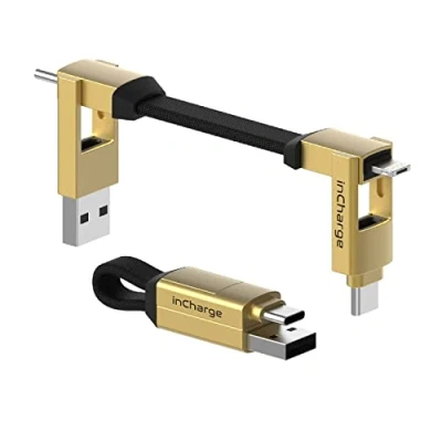 Afbeelding van inCharge 6 Korte oplaadkabel voor o.a. iPhone Lightning Kabel usb c in één all you need iPhone, Samsung, Huawei Goud