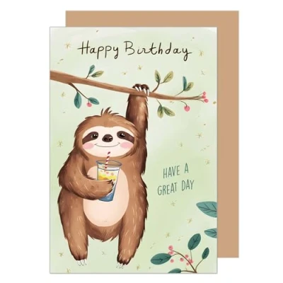Afbeelding van Edition Seidel Hoogwaardige verjaardagskaart met envelop, wenskaart spreuk &quot;Happy Birthday&quot; voor mannen, vrouwen, kinderen, motief: luiaard hangend