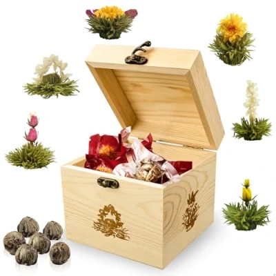Afbeelding van Creano Theemix Bloemen Theebox van hout met 6 theebloemen 3 verschillende soorten (witte thee)