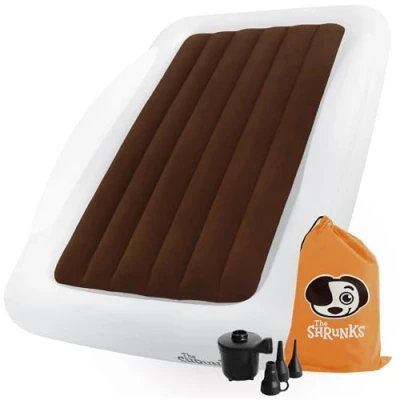 Afbeelding van The Shrunks® opblaasbaar reisbed voor kinderen met valbescherming, luchtbed reizen, overnachtingen, kamperen, wit/bruin logeerbed in hotels of de