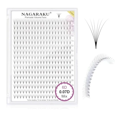 Image de NAGARAKU 6D Extension Cils Prefait Bouquet 320 Fans Volume Russe Longue Tige Éventails Préfabriqués Base Mince Pointue Naturels Moelleux Premade Eyelash Noir 16 Rows Boîte XL(0.07 D 9 14mm)