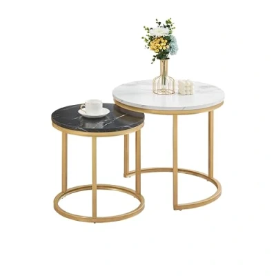 Afbeelding van Ginhow Salontafel marmerlook bijzettafel woonkamer Ø 50 + 40 cm grote ronde tafel MDF wit zwart en frame van goudkleurig staal