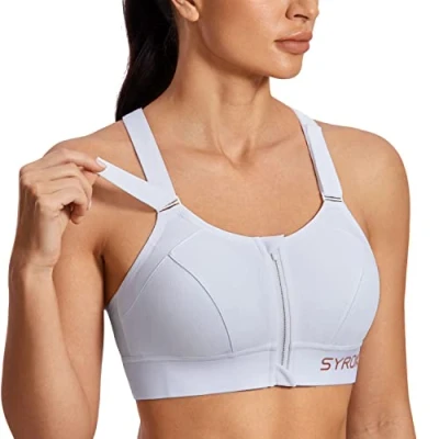 Afbeelding van SYROKAN Sportbeha voor dames met verstelbare ritssluiting aan de voorkant, klittenbandsluiting, racerback, grote maat, zonder beugel, gevoerd, volledig silhouet, Wit.