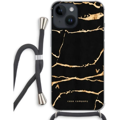 Afbeelding van Case Company® hoesje met Koord geschikt voor iPhone 14 Gouden marmer Telefoonhoesje Zwart Extra Bescherming aan alle Kanten en Over de Schermrand