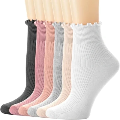 Afbeelding van DRESHOW 6 paar Gebreide Katoenen Ruches Dames Sokken Casual enkelsokken Ademend Sokken, set 53 08
