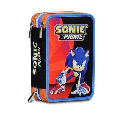 Afbeelding van Basisschooletui met 3 vakken Sonic Come and Get Me blauw rood 43 delige inhoud Compleet potloden, viltstiften enz. Taglia Unica blauwe pennenhouder voor kinderen, blauw, eenheidsmaat,