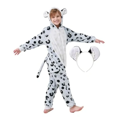 Afbeelding van corimori Zacht dierenkostuum voor kinderen, met ritssluiting en hoofdband (maat 90 150 cm), sneeuwluipaard Bill, lichaamslengte 110 130 cm
