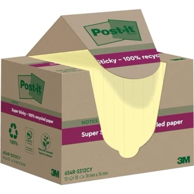 Afbeelding van Post it Super Sticky Notes Recycled, 70 Vel, Ft 76 X Mm, Geel, Pak Van 12 Blokken Memoblok