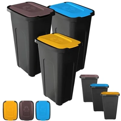 Afbeelding van KADAX Set van 3 vuilnisemmers 30 liter voor afvalscheidingssysteem kunststof met klapdeksel (3, bruin, geel en blauw)