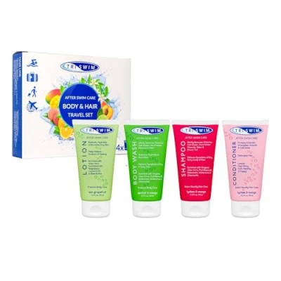 Afbeelding van TRISWIM Anti chloor reisset Huidverzorging na het zwemmen hydraterende cosmeticaset voor zwemmers Voorkomt jeukende huid (4 x 90 ml)