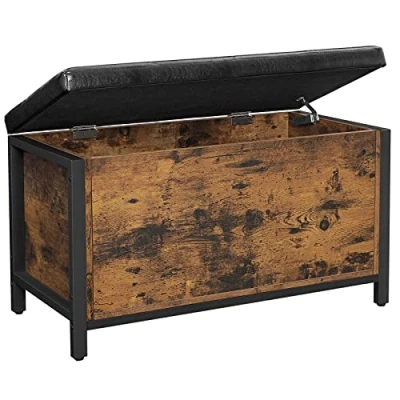 Afbeelding van VASAGLE Kruk, bank met opbergruimte, gevoerde zitting, voor entree, slaapkamer, woonkamer, stalen frame, eenvoudige montage, oppervlak van PU, industriële stijl, rustiek bruin en zwart, LSC80BX