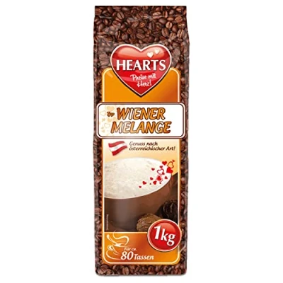 Afbeelding van HEARTS Cappuccino Wenen mix 1 kg geniet van de Oostenrijkse traditie ca. 80 porties per zak, intens aroma, bijzonderheid fijnste koffie