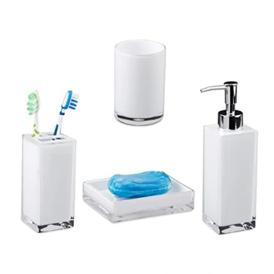 Afbeelding van Relaxdays badkameraccessoires vierdelig badkamer set modern kunststof zeeppompje wit