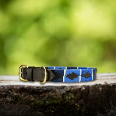 Afbeelding van Leren halsband met lijn maat S polo print Blauw MTB Equestrian