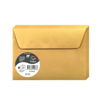 Afbeelding van Clairefontaine 50086C, verpakking met 20 zelfklevende enveloppen, formaat C6 (11,4 x 16,2 cm), 120 g/m², goudkleurig, uitnodiging voor evenementen en correspondentie, Pollen serie, premium papier glad
