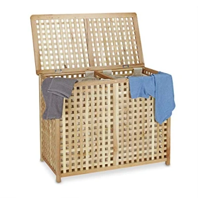 Afbeelding van Relaxdays dubbele wasmand tweedelige opbergmand wastrommel wasbox mand