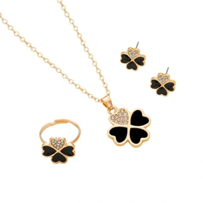 Afbeelding van AOWVUTS Sieradenset voor dames met halsketting, oorbellen en klavertjevier ring, hanger fonkelende strass steentjes, hartvormige bloem, gouden sieradenset,, Metaal, Zirkoon