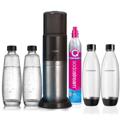 Afbeelding van SodaStream Duo bruiswatertoestel met CO2 cilinder, 2 glazen flessen 1 liter en plastic liter, hoogte: 44 cm. Kleur: titanium
