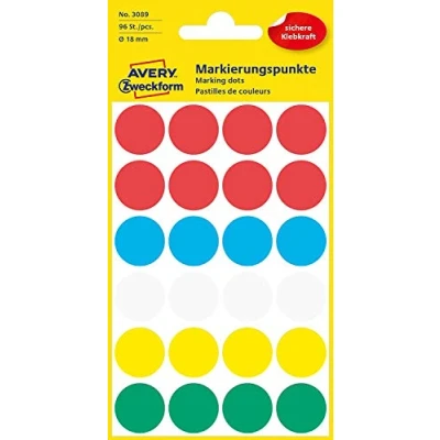 Afbeelding van Avery Ronde etiketten diameter 18 mm, geassorteerde kleuren, 96 stuks etiket