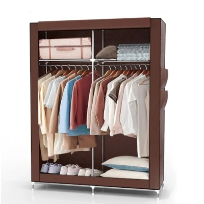 Afbeelding van Intirilife opvouwbare garderobekast 108x170x45 cm in KOKOS BRUIN Vouwkast met ritssluiting stoffen kledingstang, vakken en zijvak campinggarderobekast