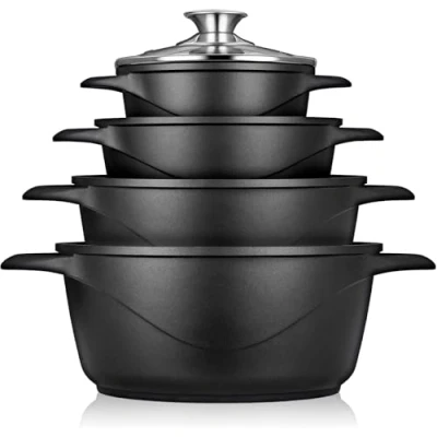 Afbeelding van briebe Pannenset Inductie 8 Delig, Set van 4 Gietaluminium Potten, ILAG GRANITEC Antiaanbaklaag PFOA Free, Glazen Deksel, Siliconen Handschoenen, Geschikt Keramische Kookplaten, Gas, Oven, MGK 12