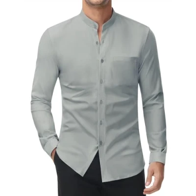 Afbeelding van DEMEANOR Stretch overhemd zonder kraag voor heren, lange mouwen, slim fit, kreukvrij, opstaande kraag, Lichtgrijs