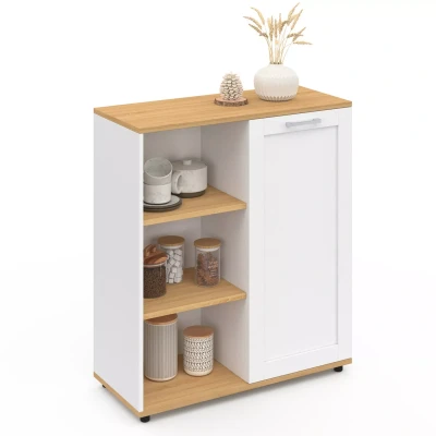Afbeelding van Buffet d&#039;appoint 70 cm VITO 3 étagères et placard blanc plateau bois