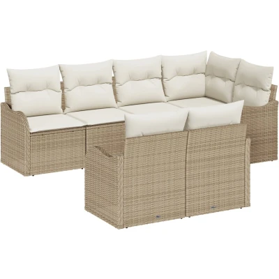 Afbeelding van vidaXL 7 delige Tuinsofa Set met Kussens Beige Poly Rattan, 2 Zitter Opslag &amp; Rattan