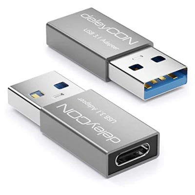 Afbeelding van deleyCON Adapter USB C naar [2 stuks] stekker A aansluiting, 3.1 adapter, 5 Gbit/s, voor laptop, notebook, aluminium, zwart