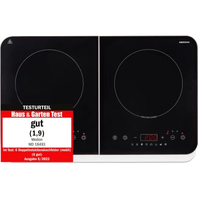 Afbeelding van MEDION Dubbele inductiekookplaat, 3500 watt, twee kookplaten, 10 temperatuurinstellingen, LED display, MD18493, zwart
