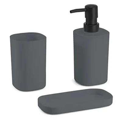 Afbeelding van MSV Badkamer accessoires set 3 delig Lona Kunststof Donkergrijs Zeeppompje/beker/schaaltje
