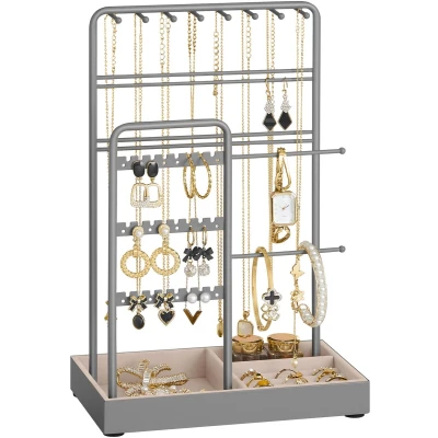 Afbeelding van SONGMICS Sieradenstandaard, metalen frame, fluwelen sieradendienblad, opslag voor halskettingen, armbanden, oorbellen, ringen, cadeau idee, duifgrijs JJS021G01