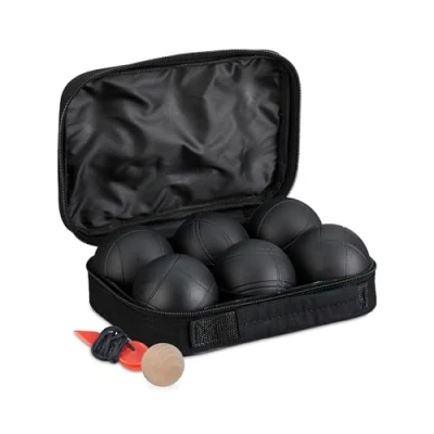 Image de Relaxdays Lot de 6 boules en acier avec embout cible bois, compteur distance, étui, noir, nylon, D: 72 mm