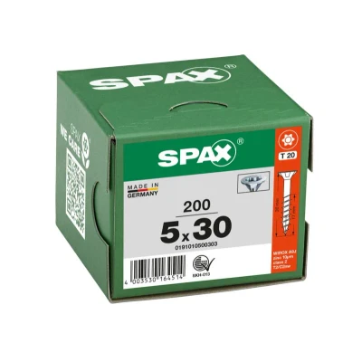 Afbeelding van Spax Spaanplaatschroef platverzonken kop verzinkt T Star T20 deeldraad 5.0x30mm (per 200 stuks)