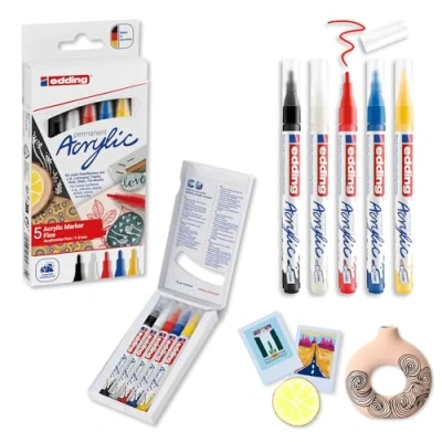 Afbeelding van edding 5300 acrylverf stiften 5 basis kleuren acryl ronde punt 1 2 mm zwart, verkeersrood, gentiaanblauw, zonnig geel en verkeerswit Watervaste inkt