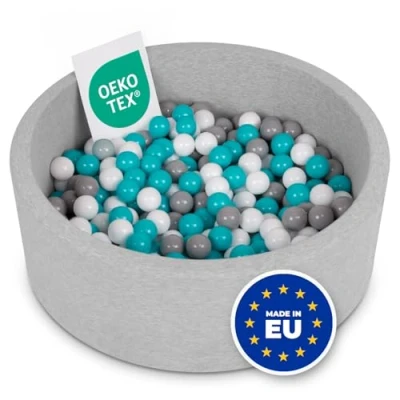 Afbeelding van Selonis Ballenbad 90 x 30 cm, met 300 ronde ballen van schuimrubber voor baby&#039;s en kinderen, lichtgrijs: grijs wit turquoise
