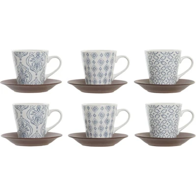 Afbeelding van Set van koffiekopjes DKD Home Decor Blauw Bruin Rubberwood Wit Keramiek 150 ml