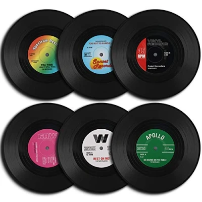 Afbeelding van homEdge Vinyl grammofoonplaten onderzetters, 6 stuks in retrostijl