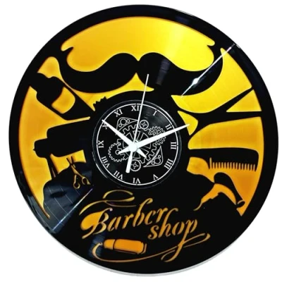 Afbeelding van Instant Karma Clocks Barbiere Shop wandklok van vinyl voor schoonheidssalon, cadeau idee, handgemaakt
