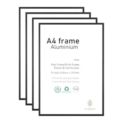 Afbeelding van A4 fotolijsten 21 x 30 cm zwart set van 4 voor certificaten of foto&#039;s, om op te hangen aan de muur tafel zetten