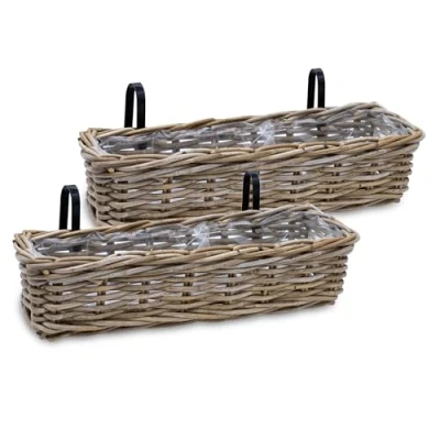 Afbeelding van Set van 2 balkonbakken natuurlijk rotan, 60 x 20 cm, rieten plantenmand met standaard, bloembak voor balkon en tuin, bloemenmand om op te hangen aan de leuning