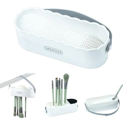 Afbeelding van make up borstel reinigingsmat, 4 in 1 siliconen penseelreiniger voor reinigen, drogen en bewaren, draagbare upkwasten reiniging upspons (wit)